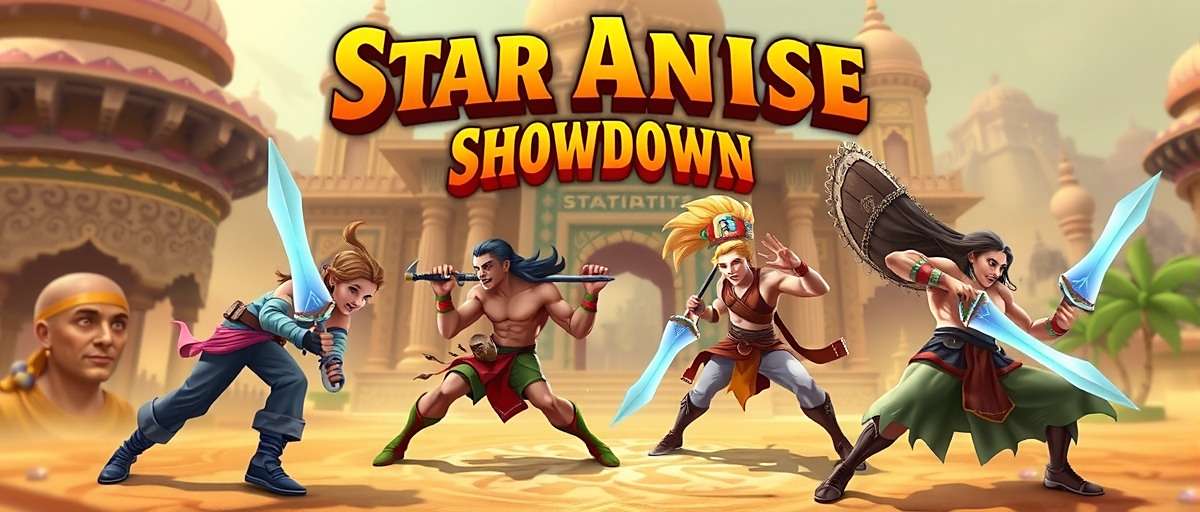 Star Anise Showdown Game Cover Star Anise Showdown game cover featuring various spice warriors in combat stance with Indian temple background